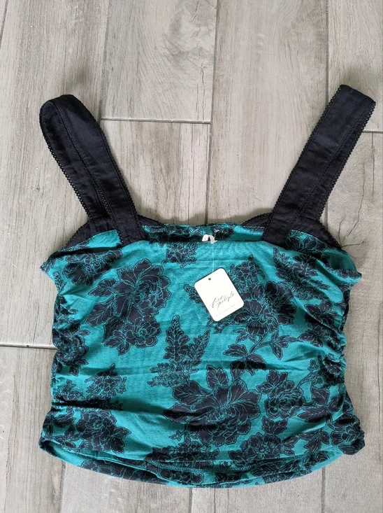 Free People Floral PrintTank Top in Teal and Black - Picture 3 of 4
